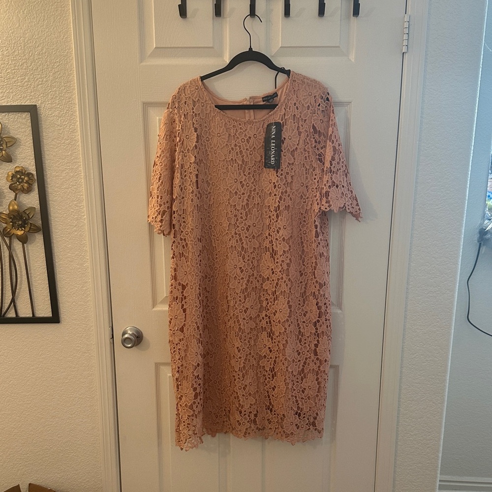 Nina Leonard Blush Lace Mini Dress